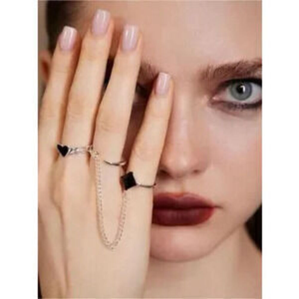 Silver 2pc Heart Geometric Ring Set - Picture 2 of 3